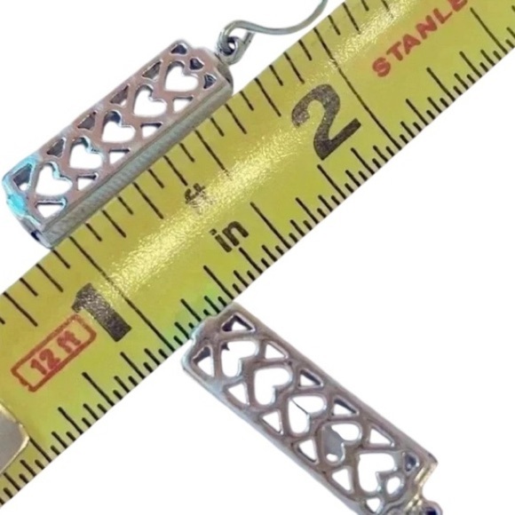 Vintage Aqua & Silver Tone Drop Rectangle Shaped Earrings w/ Fish Hook Closures - Picture 3 of 6